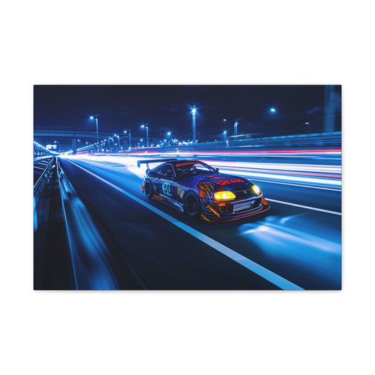 Neon Trails: Toyota Supra MK4 Racing through City Lights - Velocity Visions Canvas