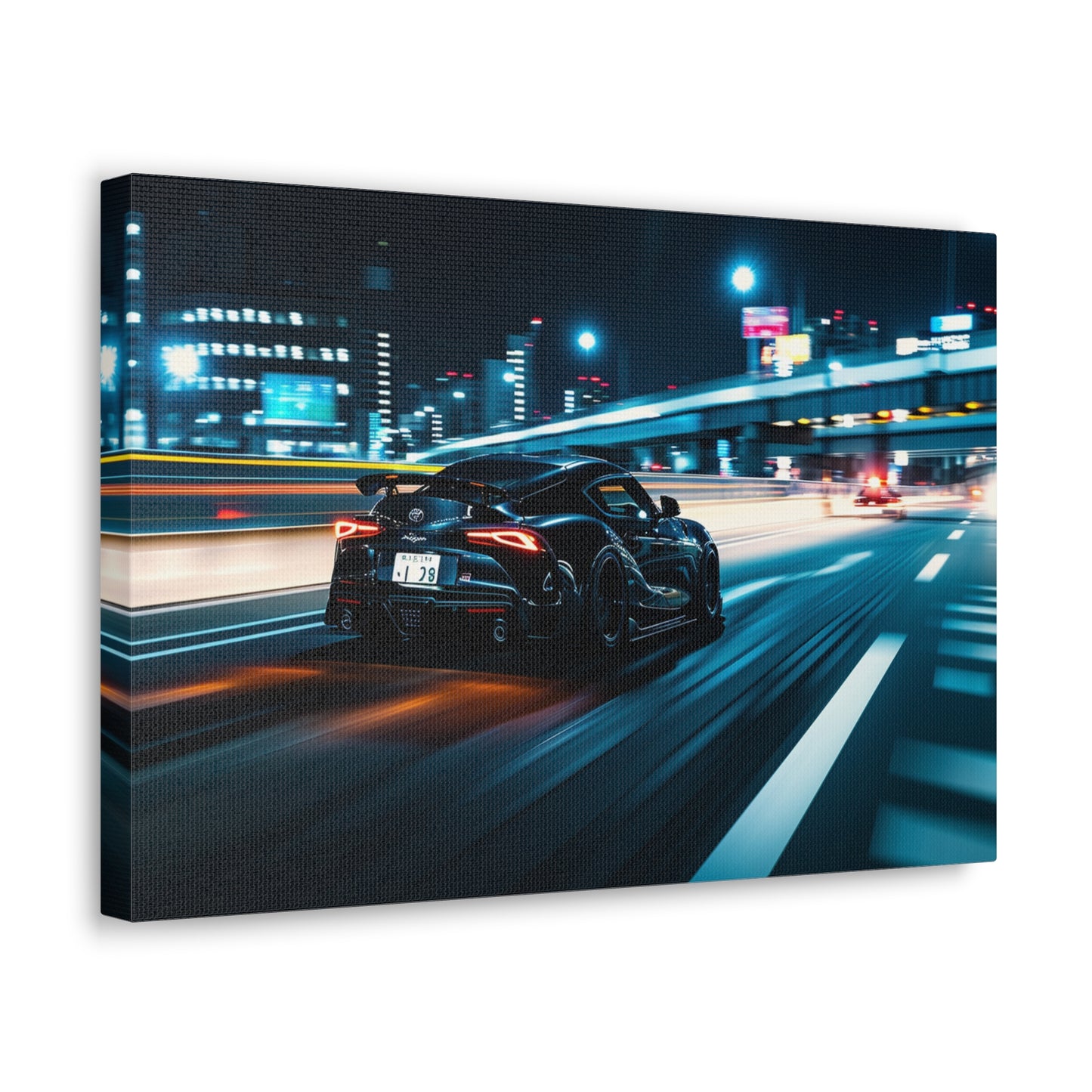 Cityscape Blur: Toyota Supra MK4 Racing Through Urban Lights - Velocity Visions Canvas