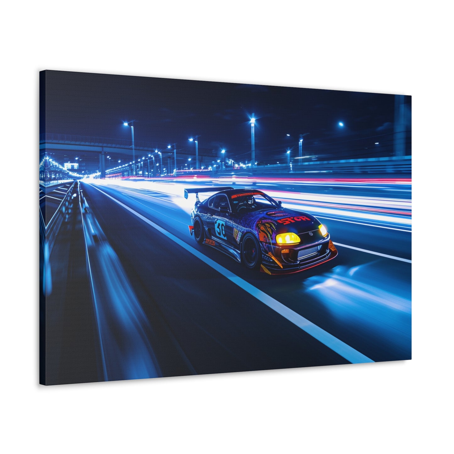 Neon Trails: Toyota Supra MK4 Racing through City Lights - Velocity Visions Canvas