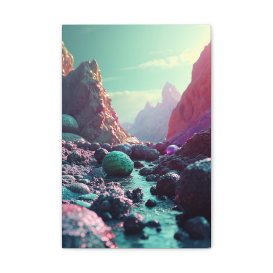 Astral Serenity: Alien Stream Amidst Rocky Peaks - Celestial Dreams Canvas