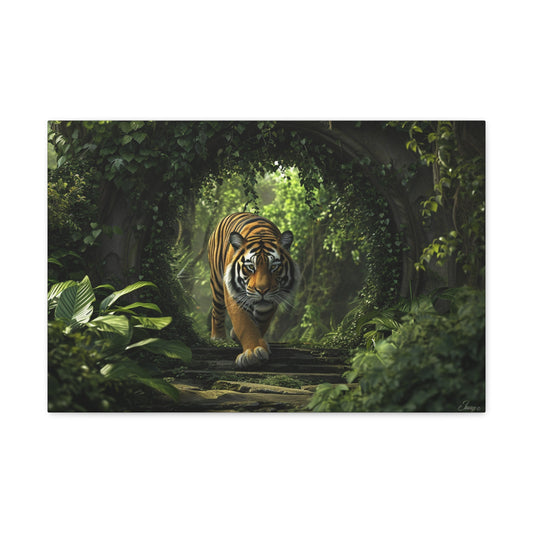 "Jungle Serenity: Tiger's Silent Traverse in the Enchanted Rainforest - Creatures of the Earth Canvas