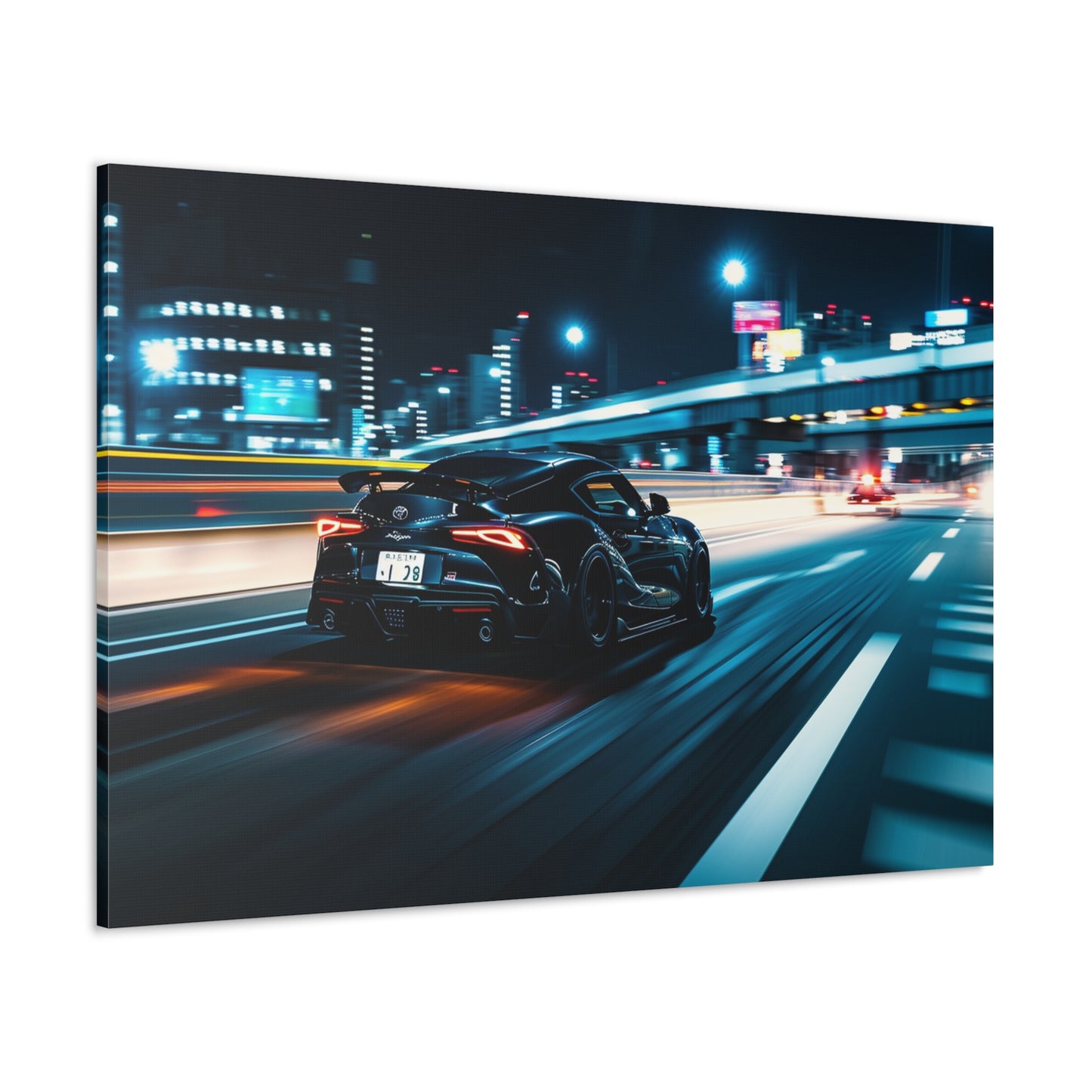 Cityscape Blur: Toyota Supra MK4 Racing Through Urban Lights - Velocity Visions Canvas