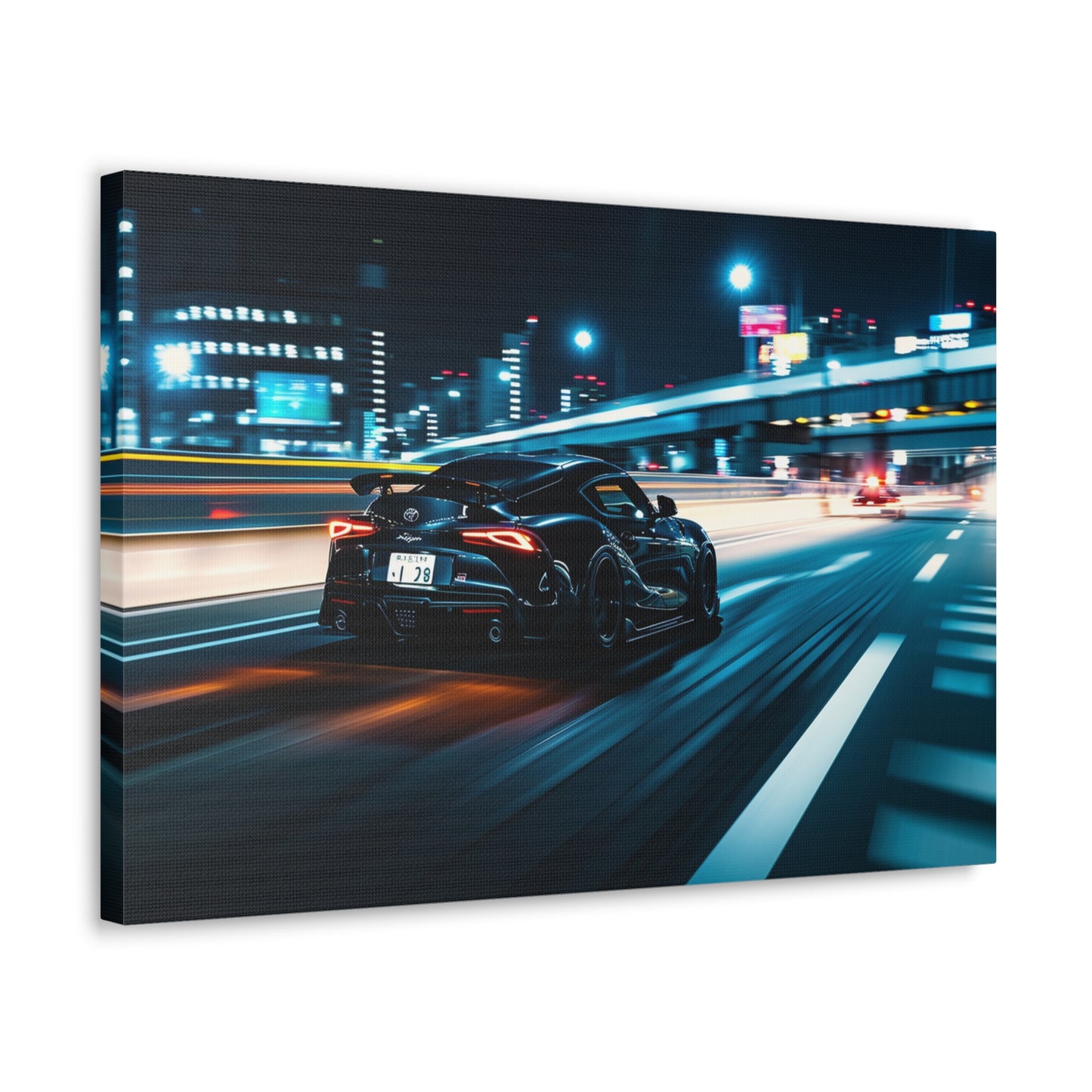 Cityscape Blur: Toyota Supra MK4 Racing Through Urban Lights - Velocity Visions Canvas