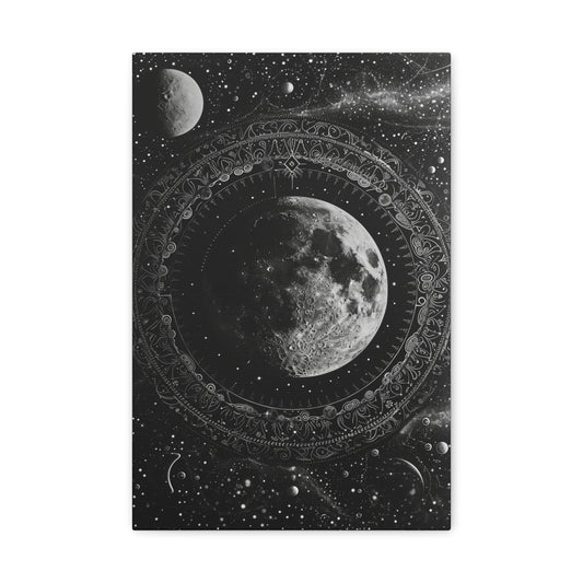 Lunar Mandala: Monochrome Serenity - Celestial Dreams Canvas