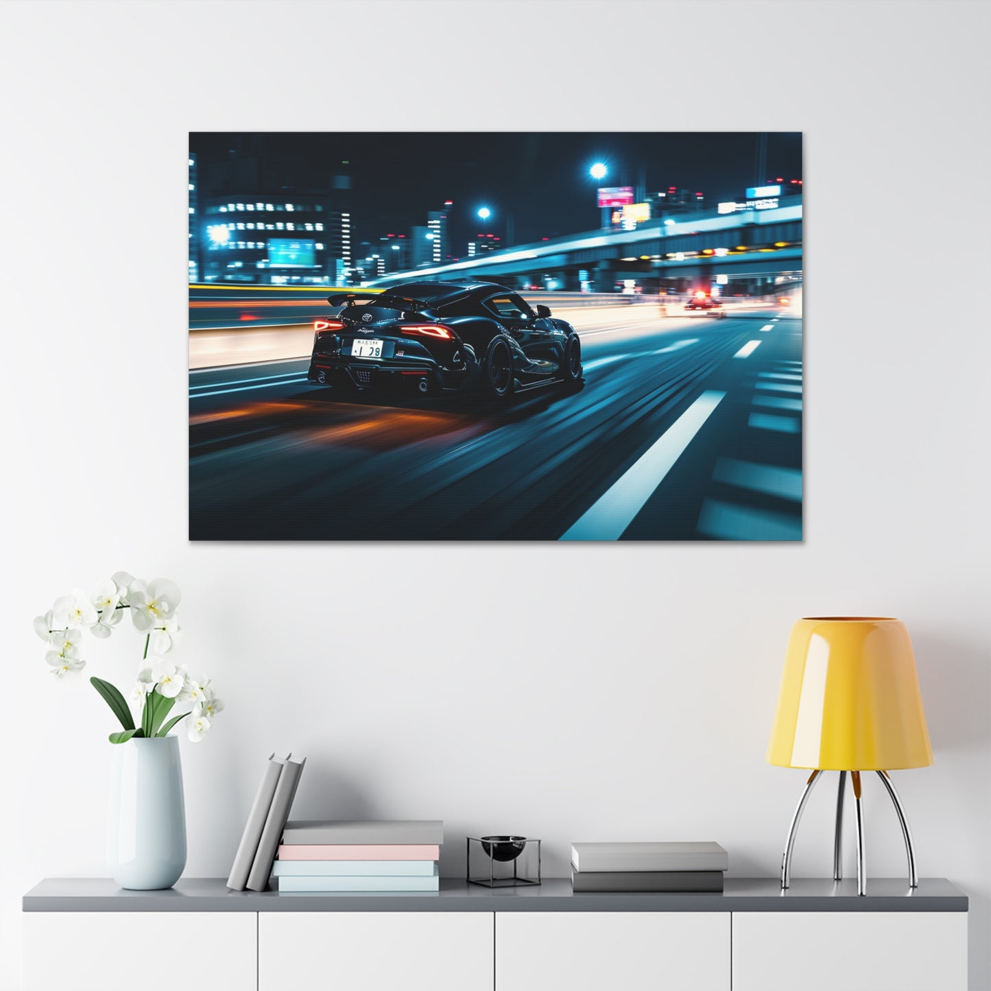 Cityscape Blur: Toyota Supra MK4 Racing Through Urban Lights - Velocity Visions Canvas