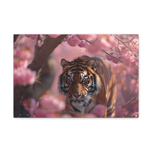 "Silent Stalker: Tiger's Intense Presence in the Pink Forest - Creatures of the Earth Canvas