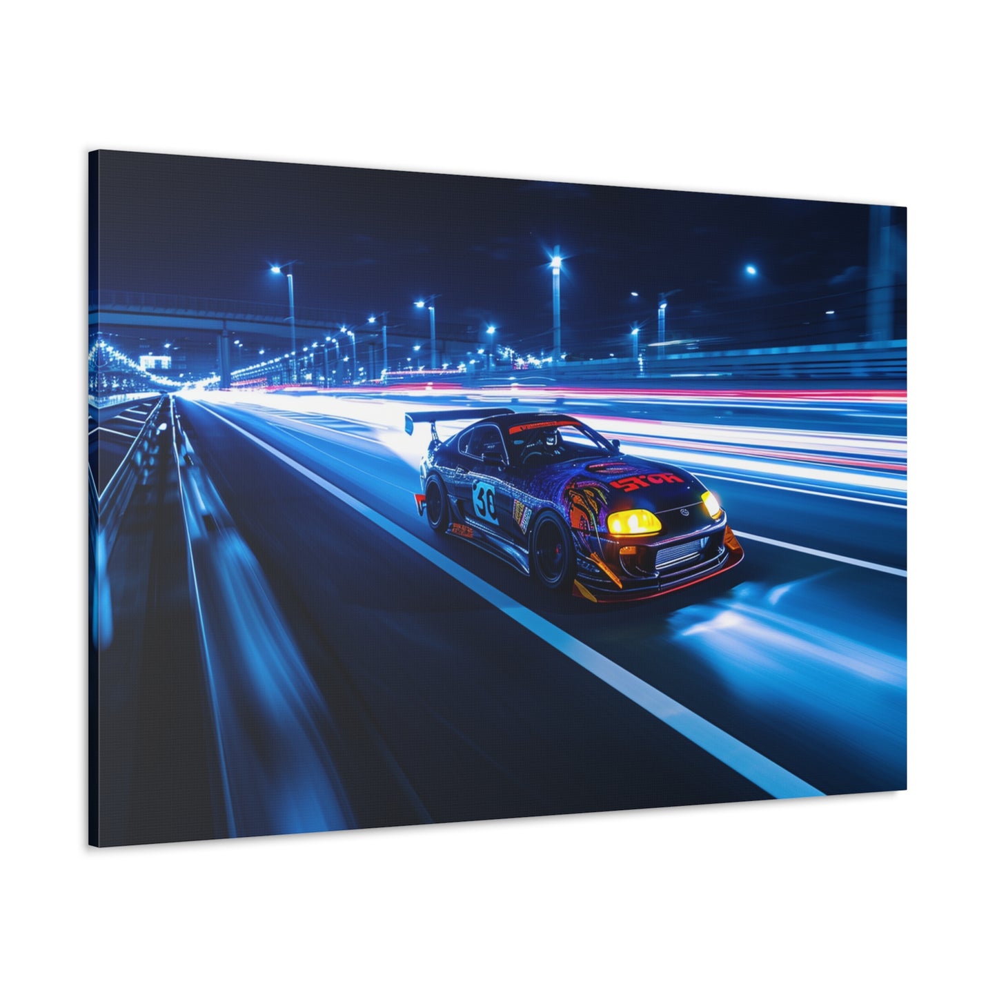 Neon Trails: Toyota Supra MK4 Racing through City Lights - Velocity Visions Canvas