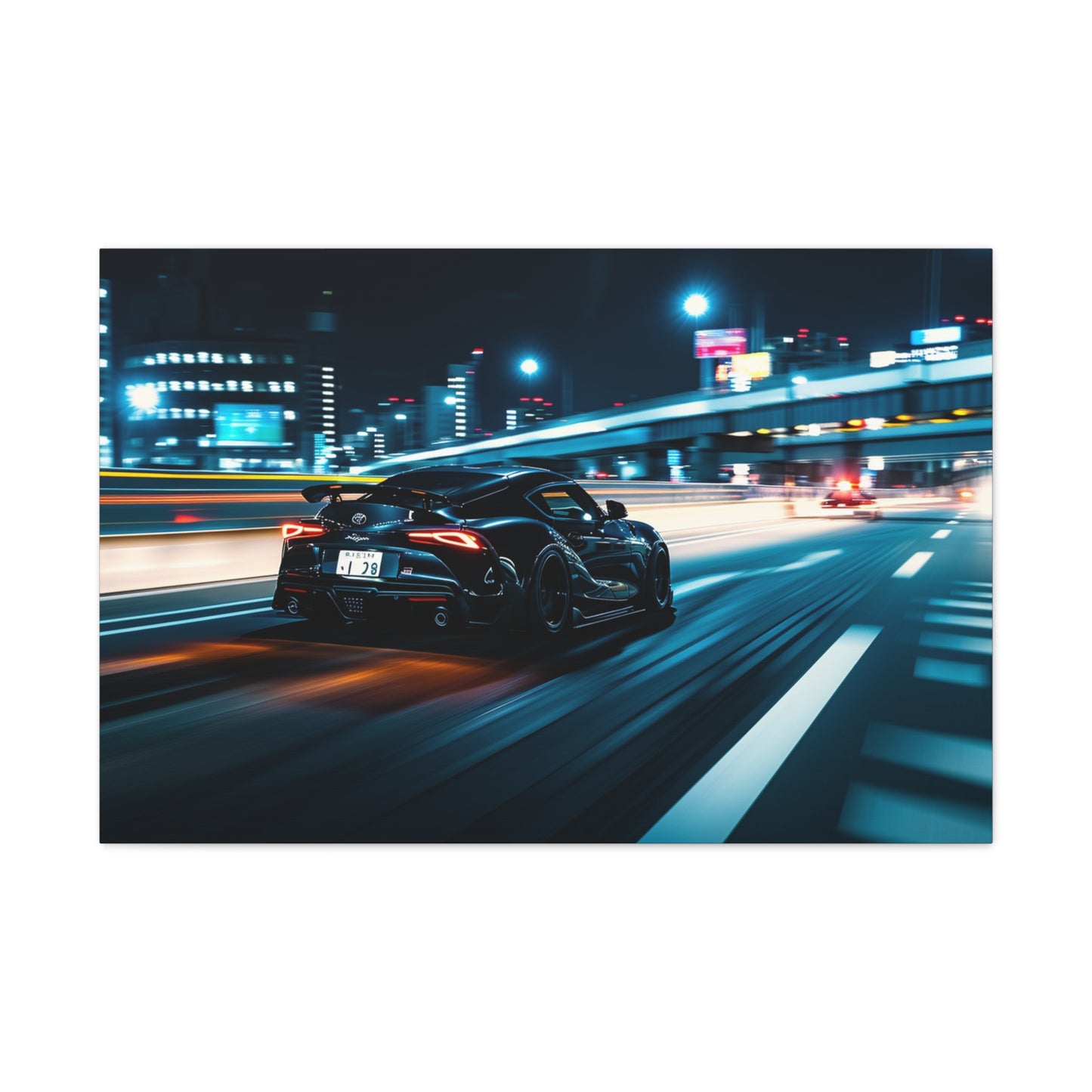 Cityscape Blur: Toyota Supra MK4 Racing Through Urban Lights - Velocity Visions Canvas