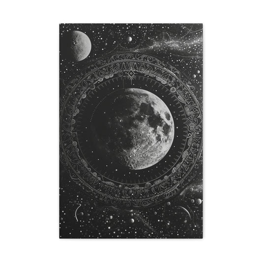 Lunar Mandala: Monochrome Serenity - Celestial Dreams Canvas