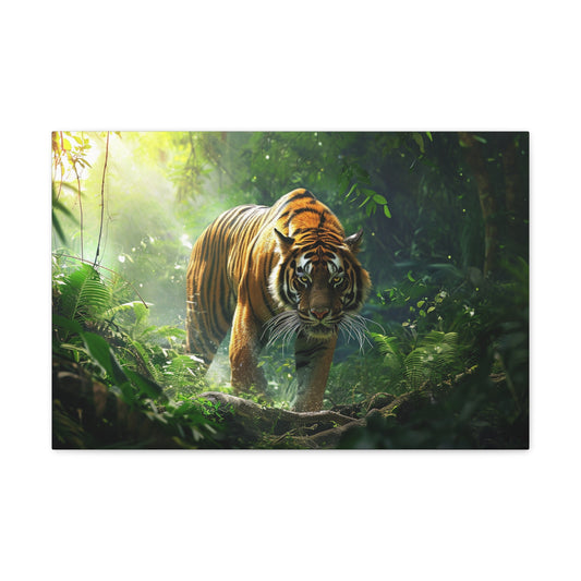 Sunlit Stroll: Tiger in an Enchanted Rainforest - Creatures of the Earth Canvas