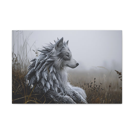 Celestial Howler: Artistic Harmony of Wolf and Dragon - Creatures from Beyond Canvas